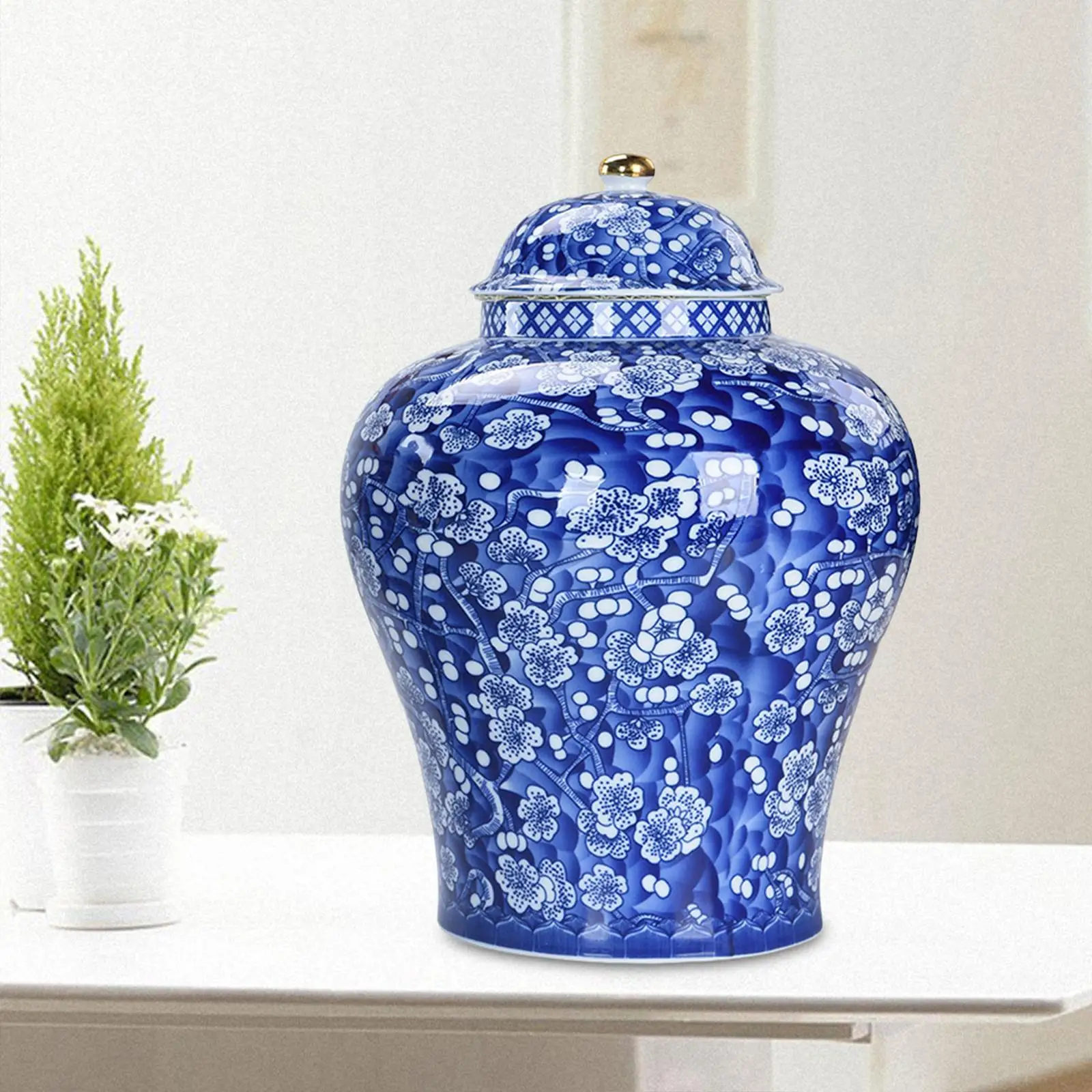 Chinese Style Plum Blossom Porcelain Ginger Jar with Lid Centerpiece Asian Decor Glazed Multi Purpose Tea Storage Blue and White