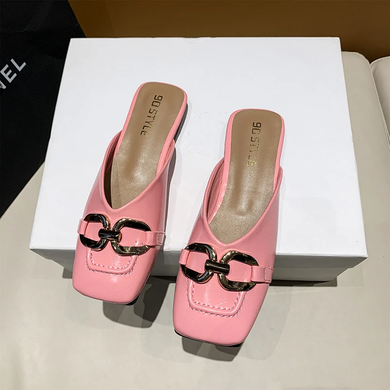 

Женские туфли без задника, с квадратным носком и металлической цепочкой, повседневные сандалии, весна-лето 2022