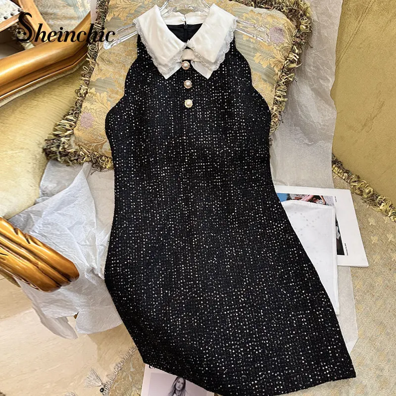 Black Woolen Dress for Women 2023 Spring Lady Elegant Sequined A-line Mini Dresses Korean Fashion Clothing