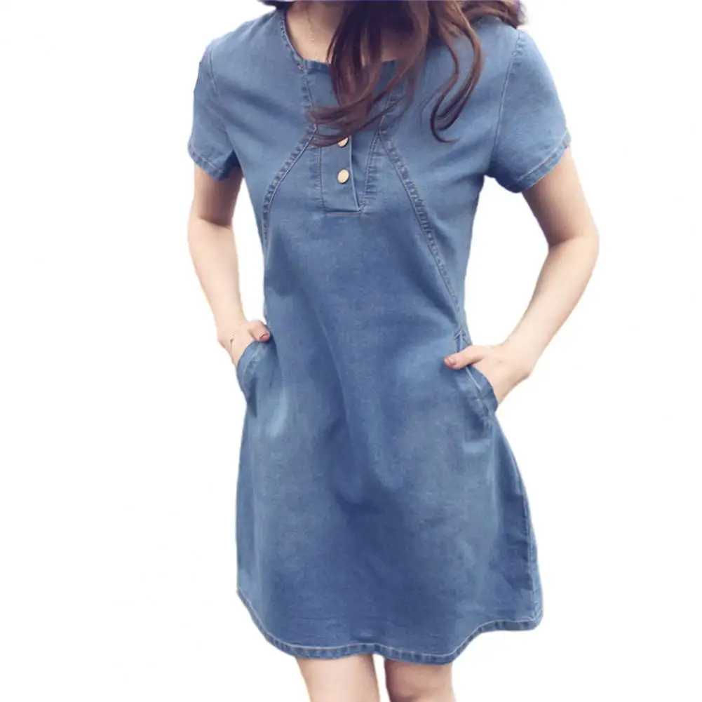 

Trendy Denim Dress Breathable s Beach Dress Loose Hem Summer Dress