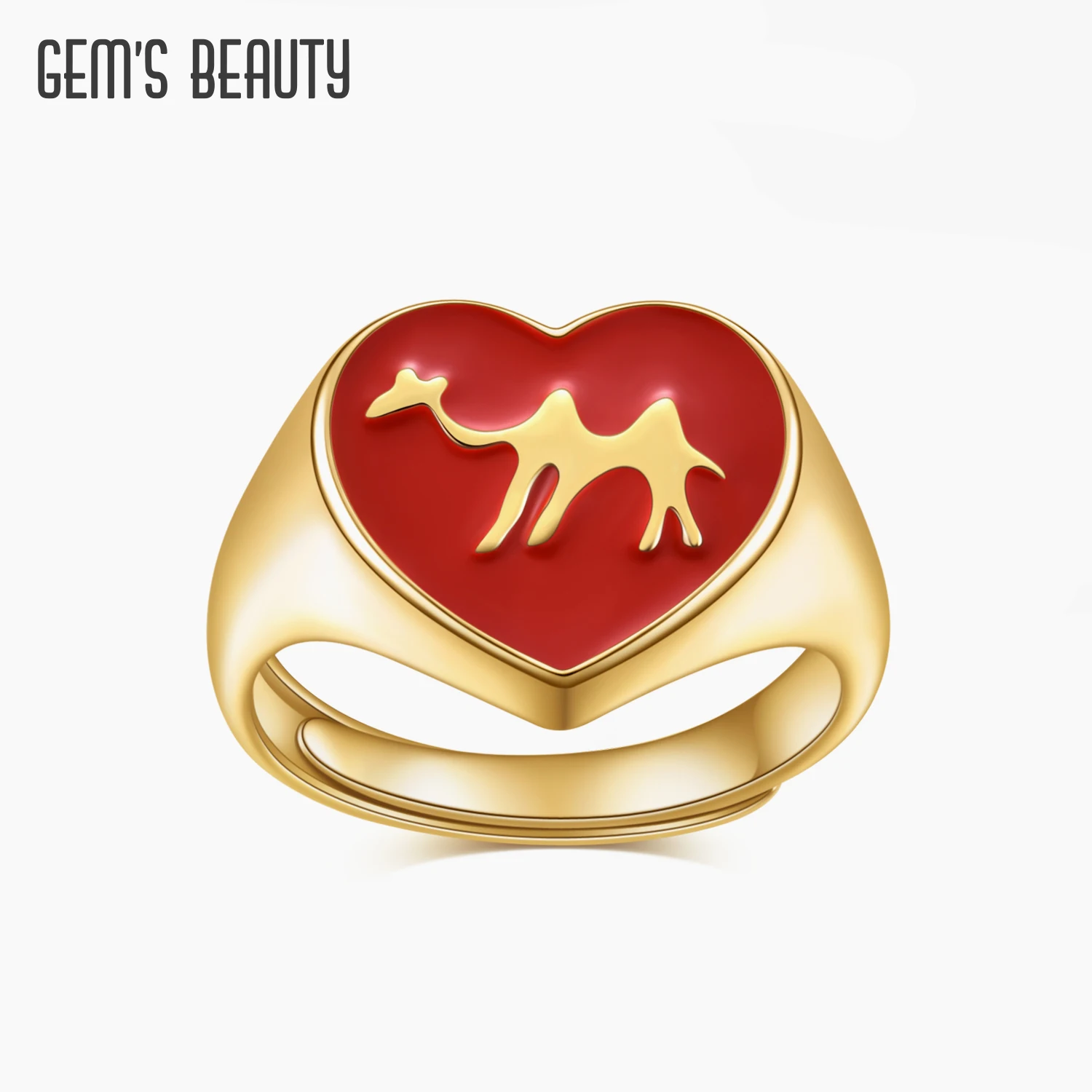 

GEM'S BEAUTY 18k Gold Filled 925 Sterling Silver Heart Ring Enamel Camel Adjustable Ring For Women Romantic Gift