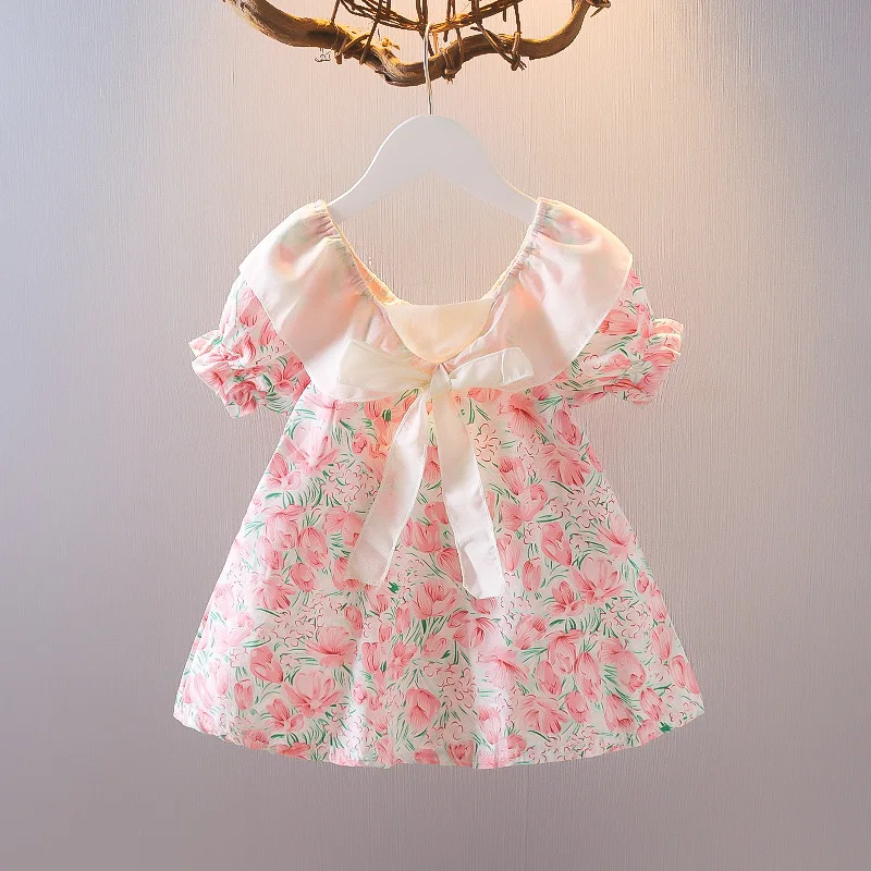 

New Toddler Baby Girl Dress Summer Doll Collar Bow Dress Princess Party Cute Floral Print Infant Fashion Chiffon Dress