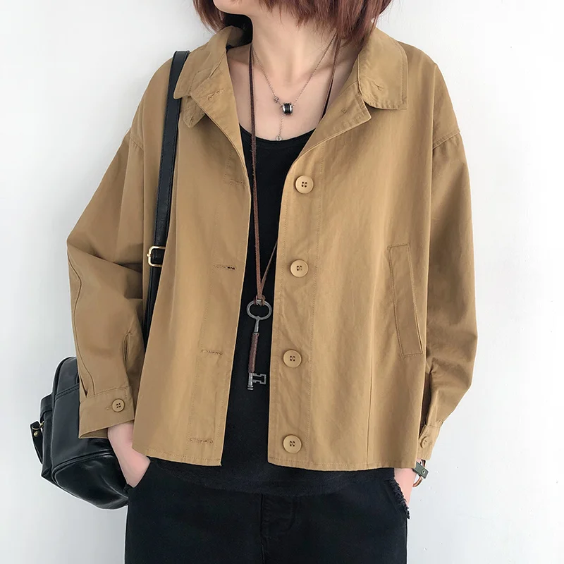 

#1420 Retro Single Breasted Jacket For Woman Long Sleeve Jackets Coats Ladies Casual Loose Cotton Outwear Female 50-90kg Vintage