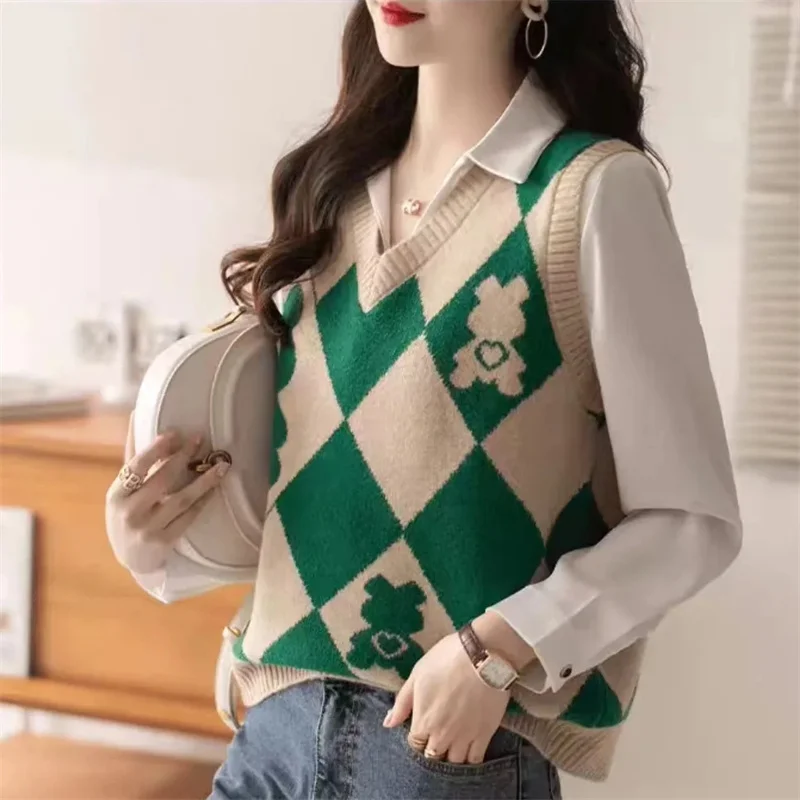Осенний женский свитер с цветными блоками жилет пальто женская вязаная куртка