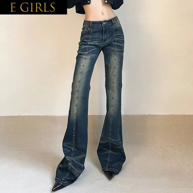 

E GIRLS 90s Baggy Jeans Woman Vintage Grunge Trousers Distressed Y2k Flared Jeans Streetwear Low Rise Rivet Stitching Pants