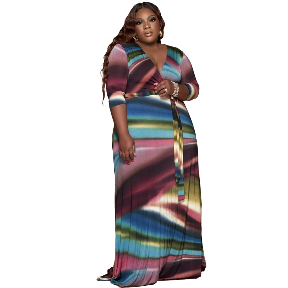 

Urban Trendy Plus Size Clothing Women 4xl 5xl Printed V Neck Waistband Loose Evening Dresses Elegant Maxi Party Dress Wholesale