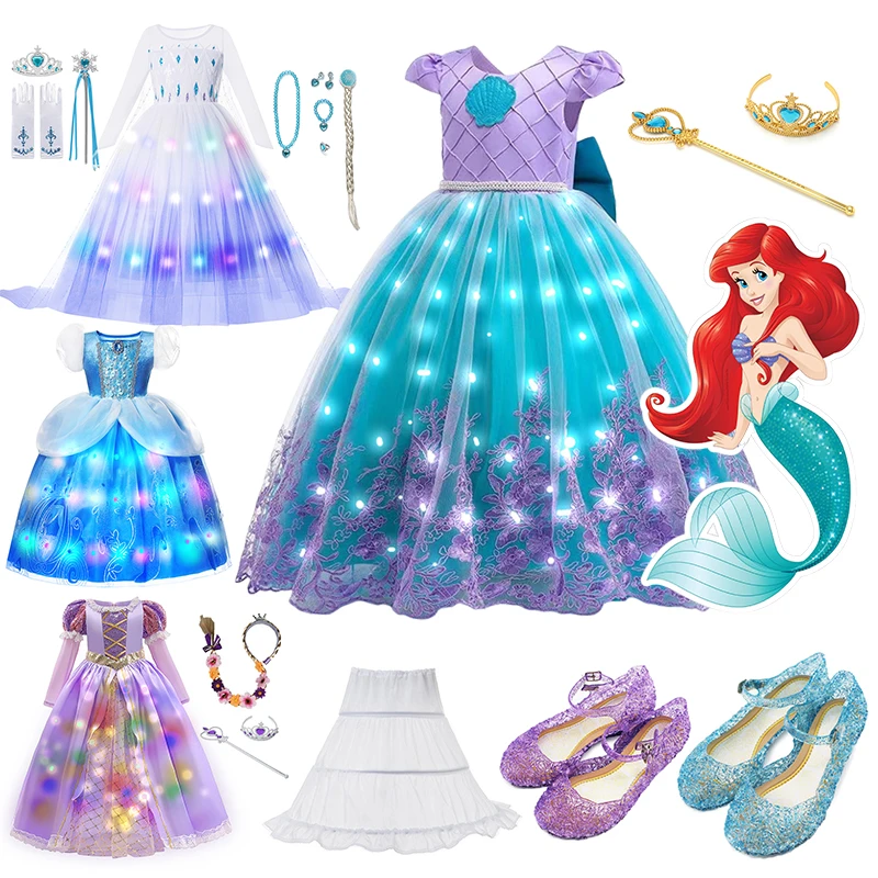 Disney Girls Little Mermaid Ariel Princess Dresses Led Light up Kids Costume Carnival Party Children Halloween Dress Up Clothes