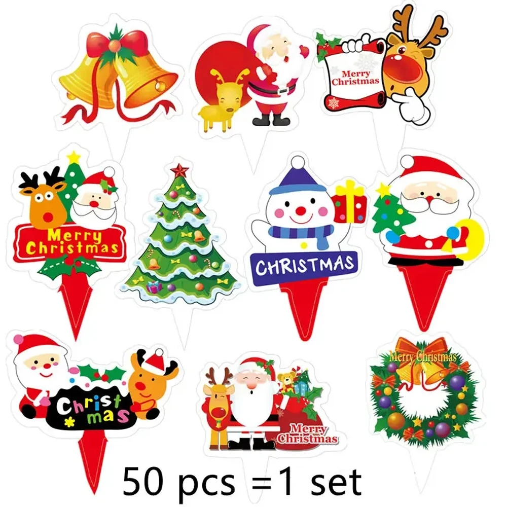 

50 Pcs Merry Christmas Cake Topper Santa Claus Elk DIY Kids Christmas Party Cupcake Topper Family Xmas Gifts Dessert Decoration