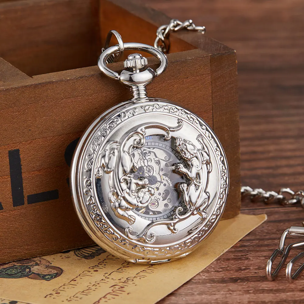Vintage Steampunk Skeleton Mechanical Blue Roman Numbles Pocket Watch Men Women Necklace Pocket Fob Watches Chain Clock For Male