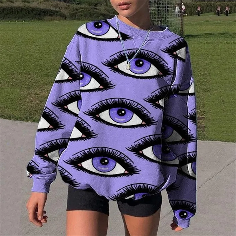 

Eye Print Purple Crewneck Oversized Sweatshirt Women Long Sleeve Vintage Casual Girl England Fashion Tops 2021 Spring streetwear