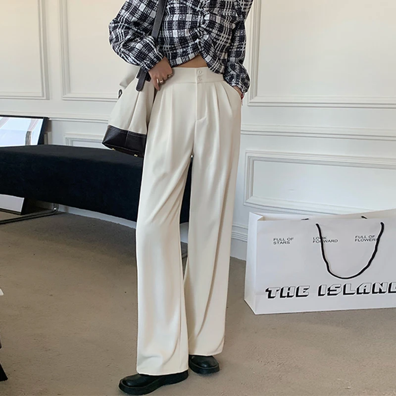 

Простые однотонные широкие женские брюки, весенние повседневные брюки с высокой талией, женские модные прямые брюки с эластичным поясом дл...
