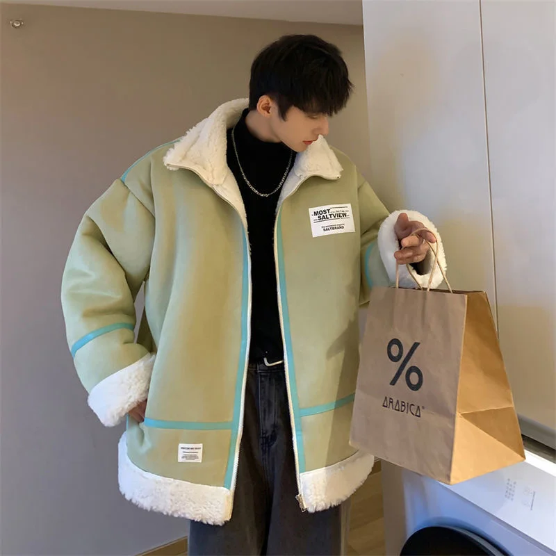 Winter Fur Integrated Men's Loose Parkas Thicken Warm Stand Collar Unisex Jackets Korean Style Male Casual Coats mens jackets