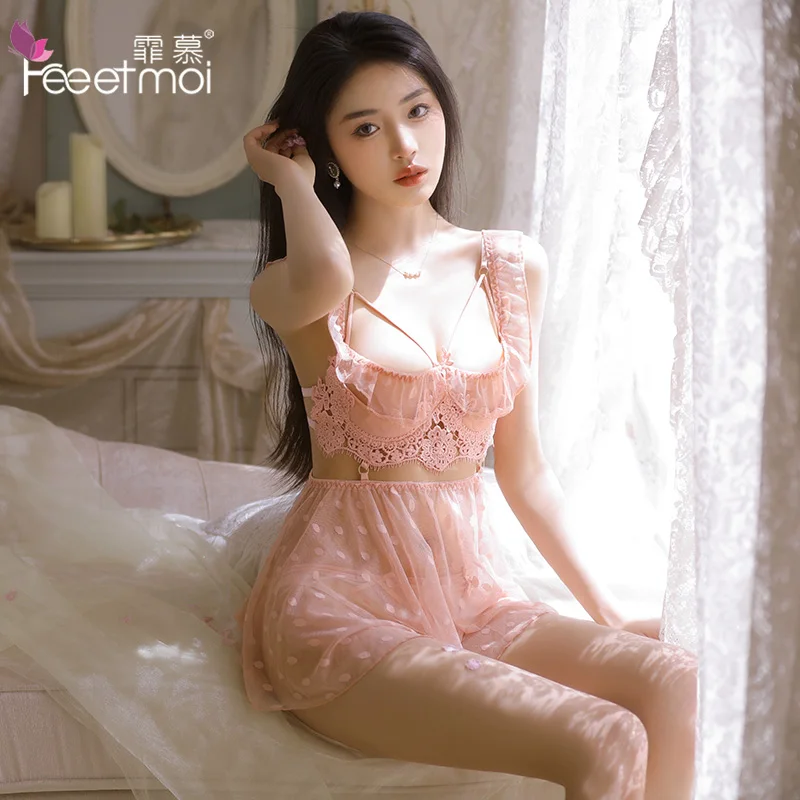 

High-end sexy lingerie steel ring perspective polka dot mesh nightdress split dress polka dot embroidery lace sexy lingerie