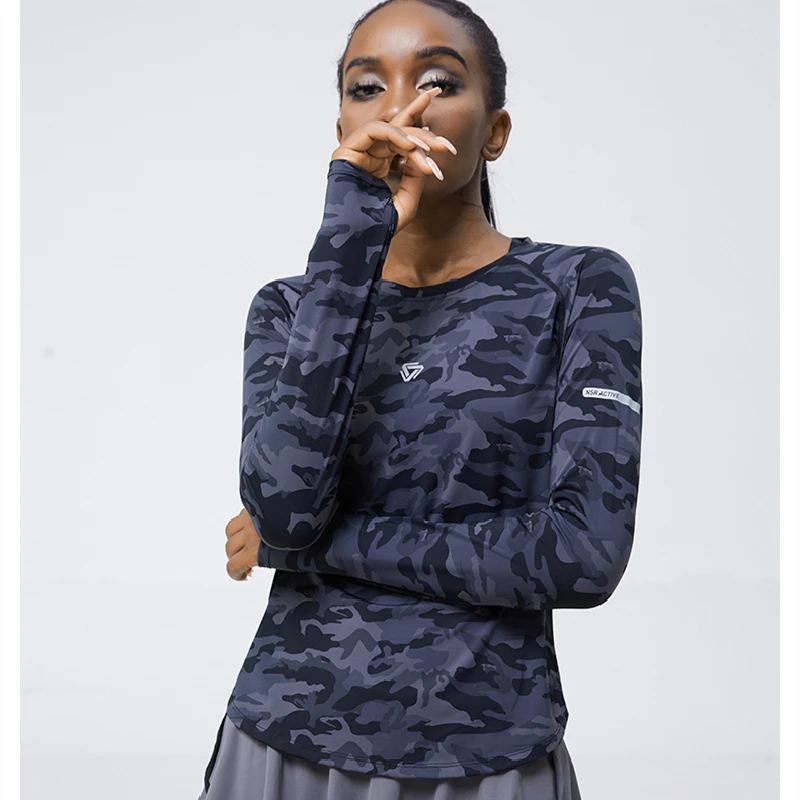 Women Running T Shirts Mesh Camouflage Sport Long Sleeves Golf Tennis Slim Shirt Gym Fitness Training Tees Yoga Jogging Tops