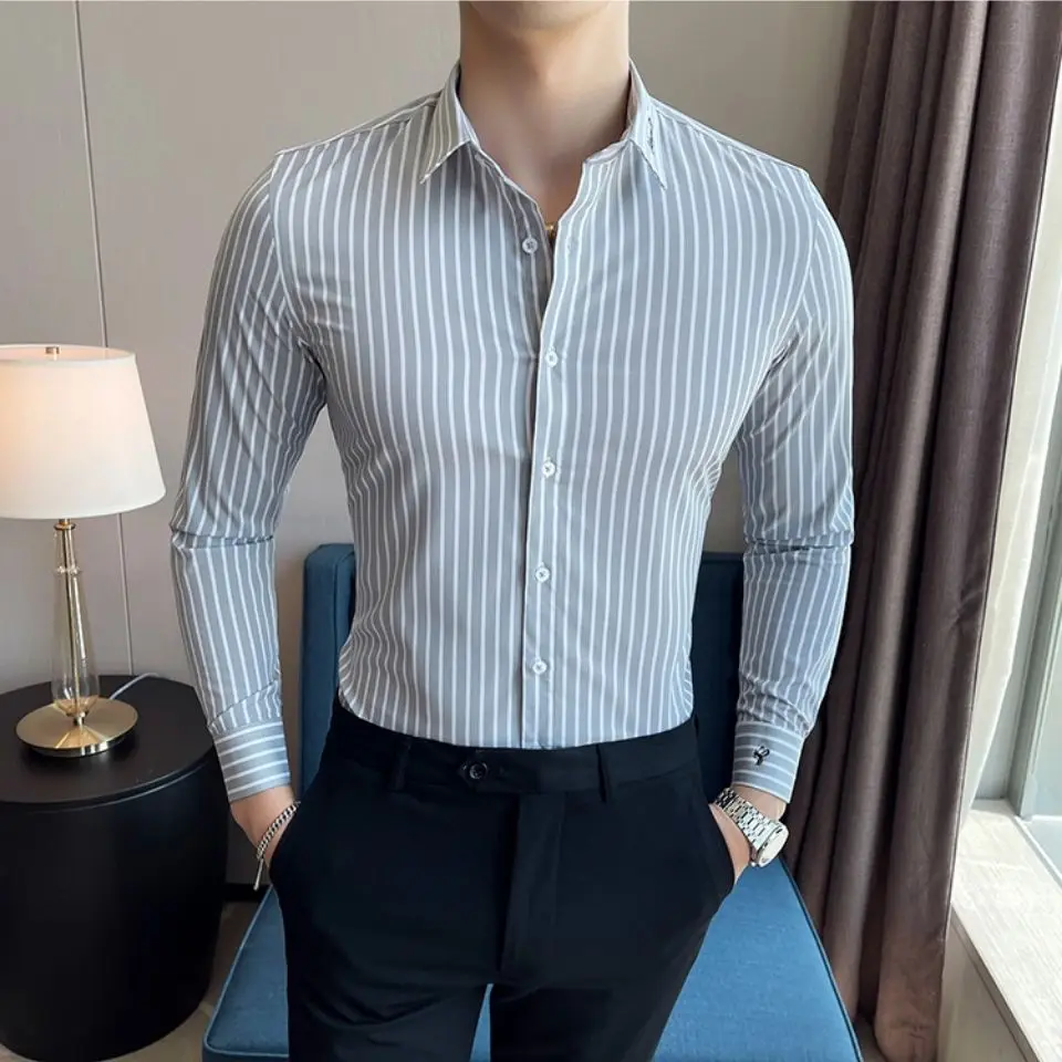 Men's long sleeve striped shirt anti-wrinkle embroidery spring and autumn business casual Korean slim handsome jacket