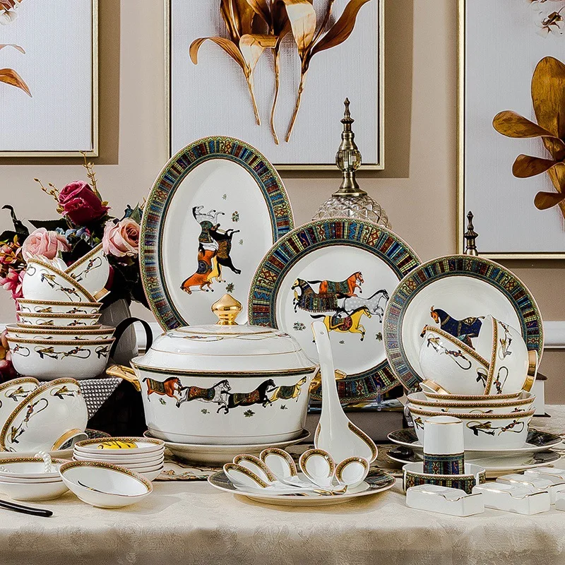 

Jingdezhen Ceramic tableware set, high-grade bone china bowl and dish set, glazed bowl, dish and spoon, domestic European style
