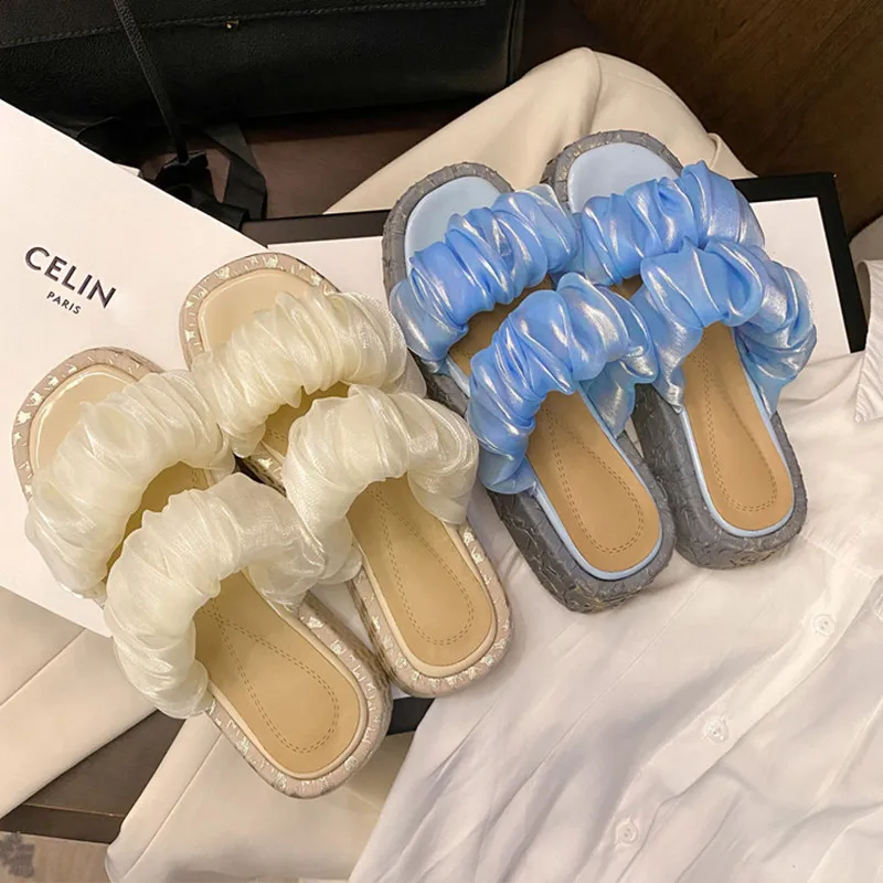 

Women Slides Outside Flat Beach Shoes Lady Comfortable Pleated Lace Upper Flip Flop Platform Slippers Square Head Muffin Sandals