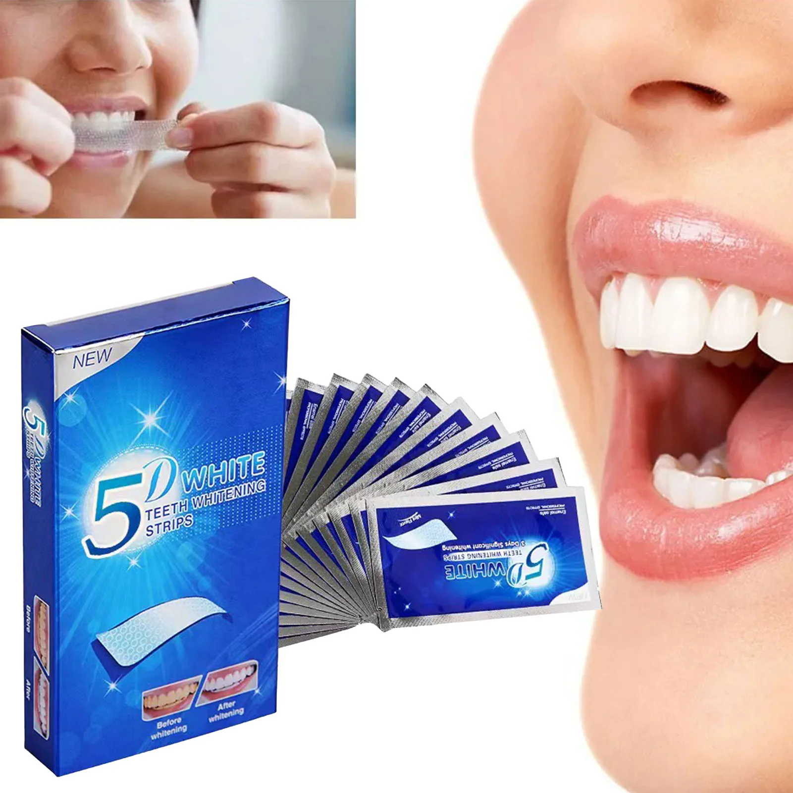 

5D Teeth Whitening Strips Tooth Whitener Kit Remove Plaque Stains Bleaching Fresh Breath Oral Hygiene False Teeth Veneers Gel