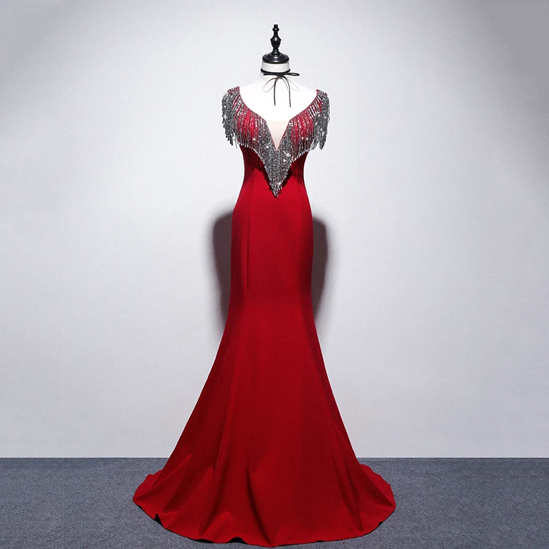Ronnxeiey-Vestido largo de sirena para mujer, traje de fiesta rojo lujoso con cuello en V, con cuentas de cristales brillantes, vestidos formales de noche para recepción