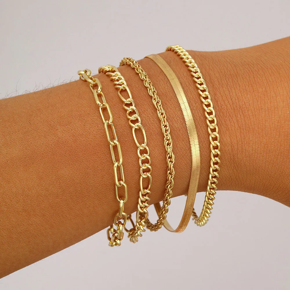

5Pcs/Set Fried Dough Twists Hollow Cross Flat Snake Bracelet Women 2023 Gold Metal Girls Fashion Birthday Jewelry Gift