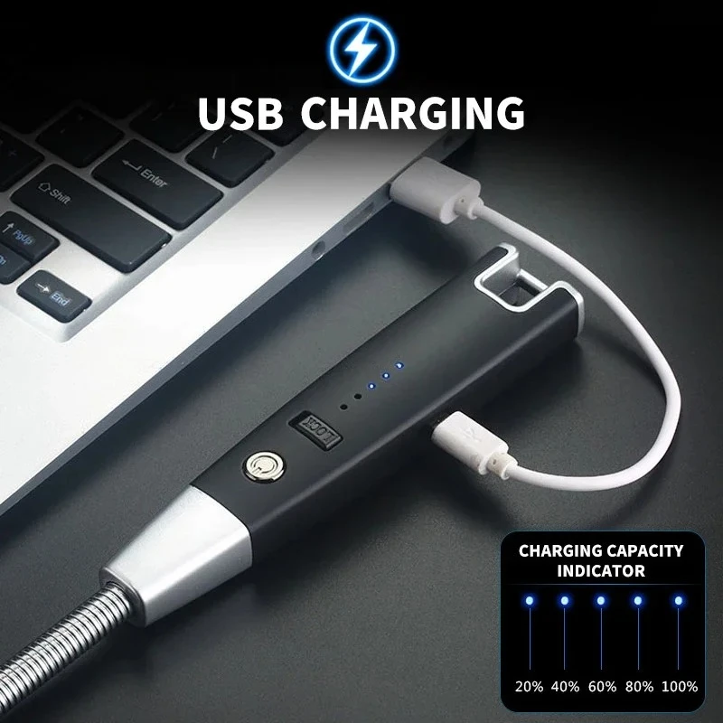 Фото 360 °   Металлическая угловая зажигалка для кухни, USB-перезаряжаемая, портативная, электронная, с индикатором заряда, защитой от случайного включения, для газовых плит и свечей №5