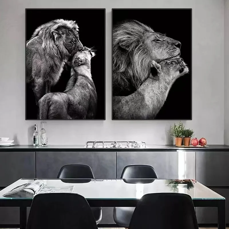 Black and White Animal Family Poster Lion Family Print Canvas Wall Art Modern Painting Picture Decor Bedroom Aesthetic Art 3