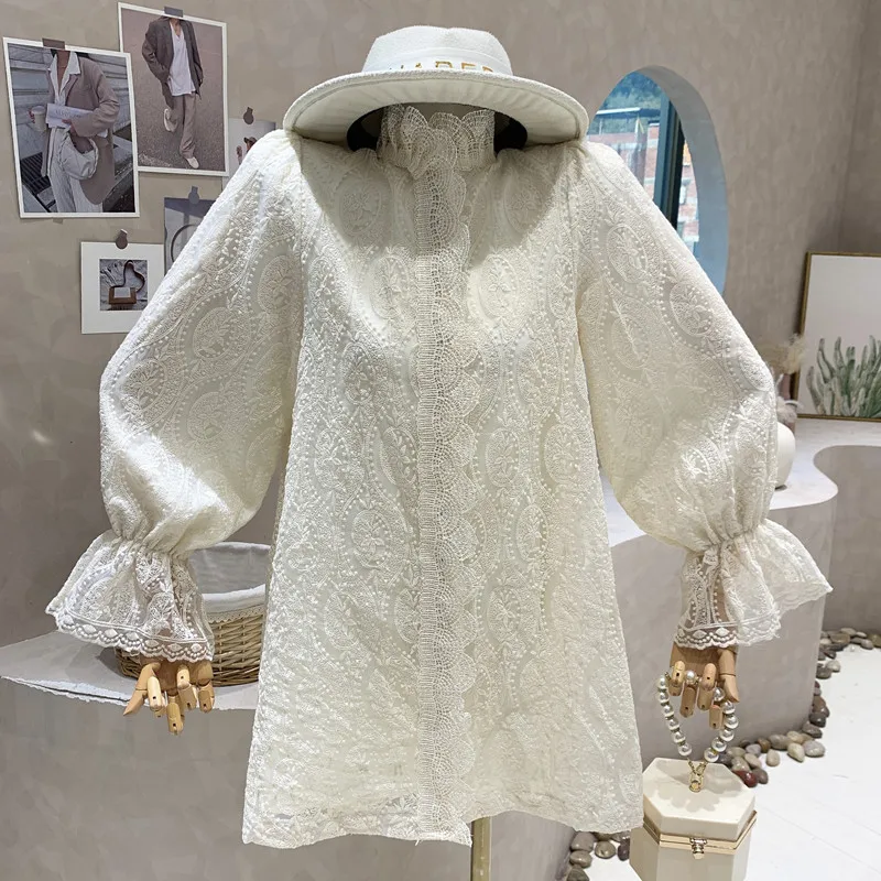 

New in Women's Clothing 2023 Spring Stereoscopic temperament embroidery high quality lace flare long sleeve large swing dress