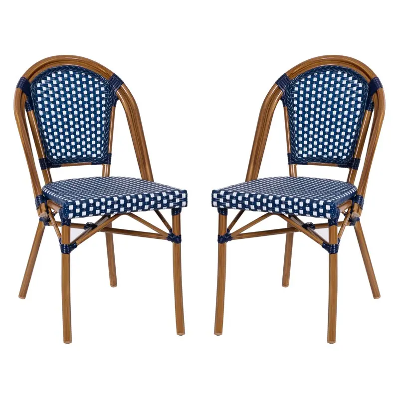

Set of 2 Indoor/Outdoor Commercial French Bistro Stacking Chairs, Navy/White PE Rattan Back and Seat, Bamboo Print Aluminum Fram