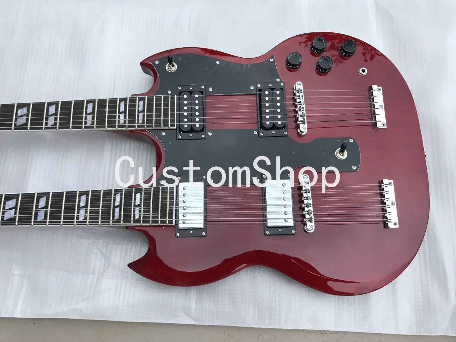 

Custom Jimmy Page 12 & 6 strings 1275 Double Neck Led Zeppeli Page Wine Red SG Electric Guitar 2 Different Pickups