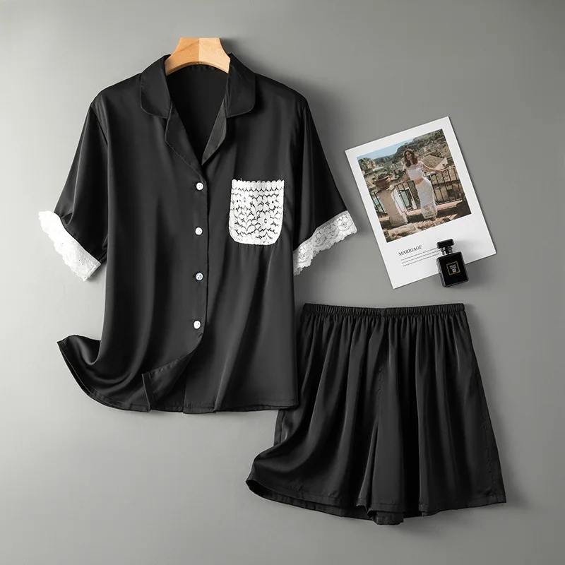 Women's Lace Satin Pajamas Shorts Set Silk Two Piece Sleepwear Short Sleeve Top with Shorts Set Loungewear Button Down Pjs Set