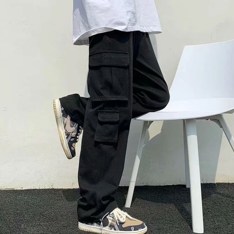 

Fashion Black/white Casual Pants Men's Loose Straight Wide Leg Pants Men Streetwear Hip-hop Pocket Cargo Pants Mens Trousers