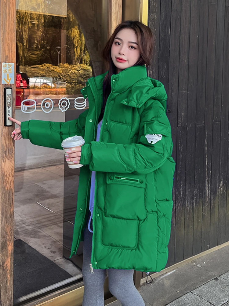 Long Coat Women Hooded Puffer Jacket Letter Patches on Arm Fashion Cotton Padded Bubble Winter Warm Parka Bear -25centigrade