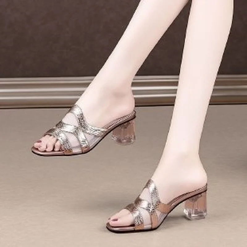 

Women Sexy Clear High Heels Slippers Rhinestone accessories sandals New Summer Beach Ladies Slides Flip Flops Female Dress Shoe