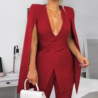 elegant blazer women v neck cloak sleeves notched with waist belt summer autumn office ladies classy work wear fashion clothes