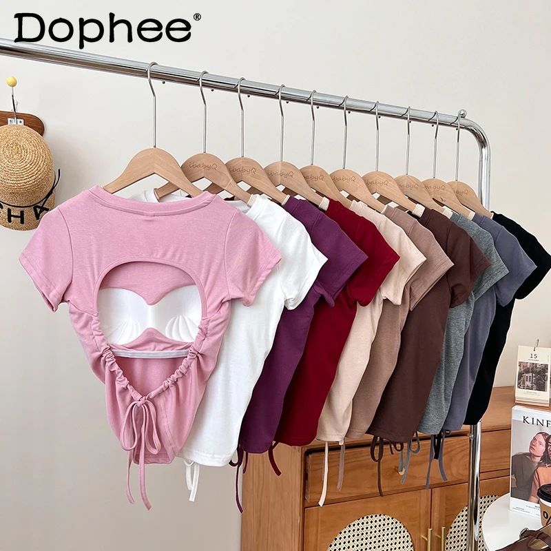 

Sexy Hollow-out Backless Lace-up T-shirt Women Round Neck Short Sleeve Slim Fit T Shirt Top Female 2023 New Summer Women Clothes