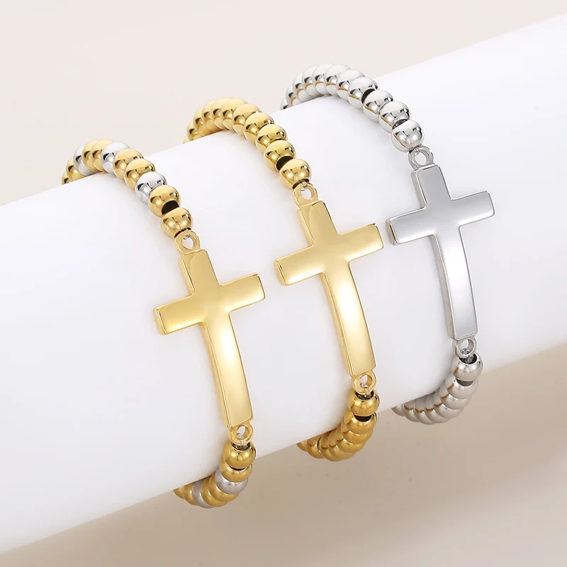 

Fashion Cross Beads Chain Bracelet Female Gold Silver Color French Light Luxury Stainless Steel Jewelry for Women Party Bracelet
