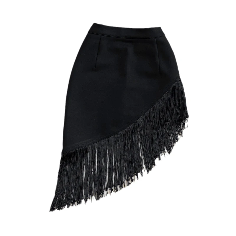 

2023 Summer New Black Irregular Elastic Wrapped Hip Skirt Anti Skirt High Waisted Fringed Short Skirt for Women