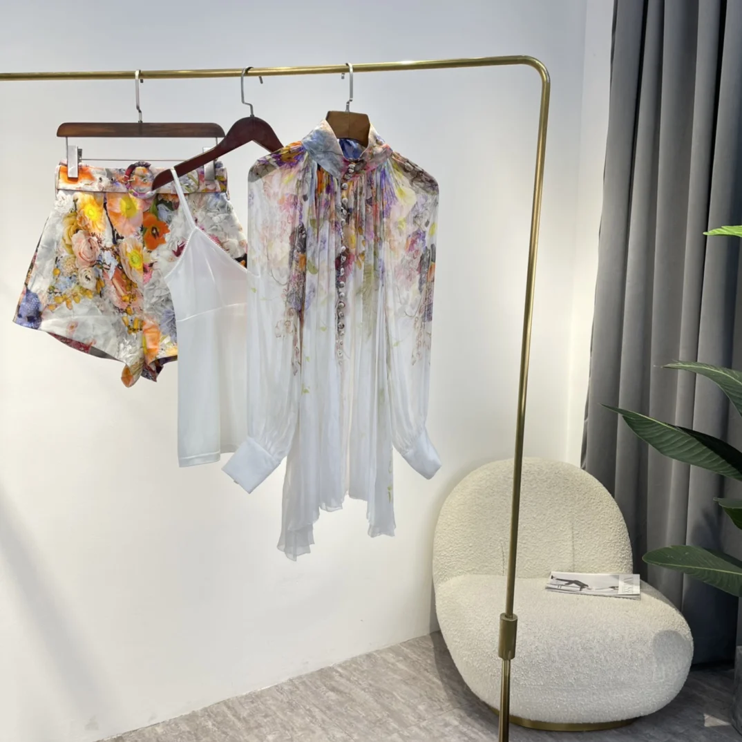 

Lady 2022 Summer Top Quality Floral Print Gradient Light Semi Transparent Blouse High Waist Shorts Women Matching Sets with Belt