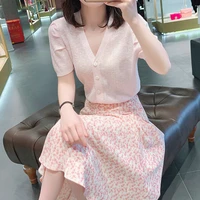 knitwear cardigan womens 2022 summer new pink thin t shirt temperament fashion v neck thin cardigan short sleeved top