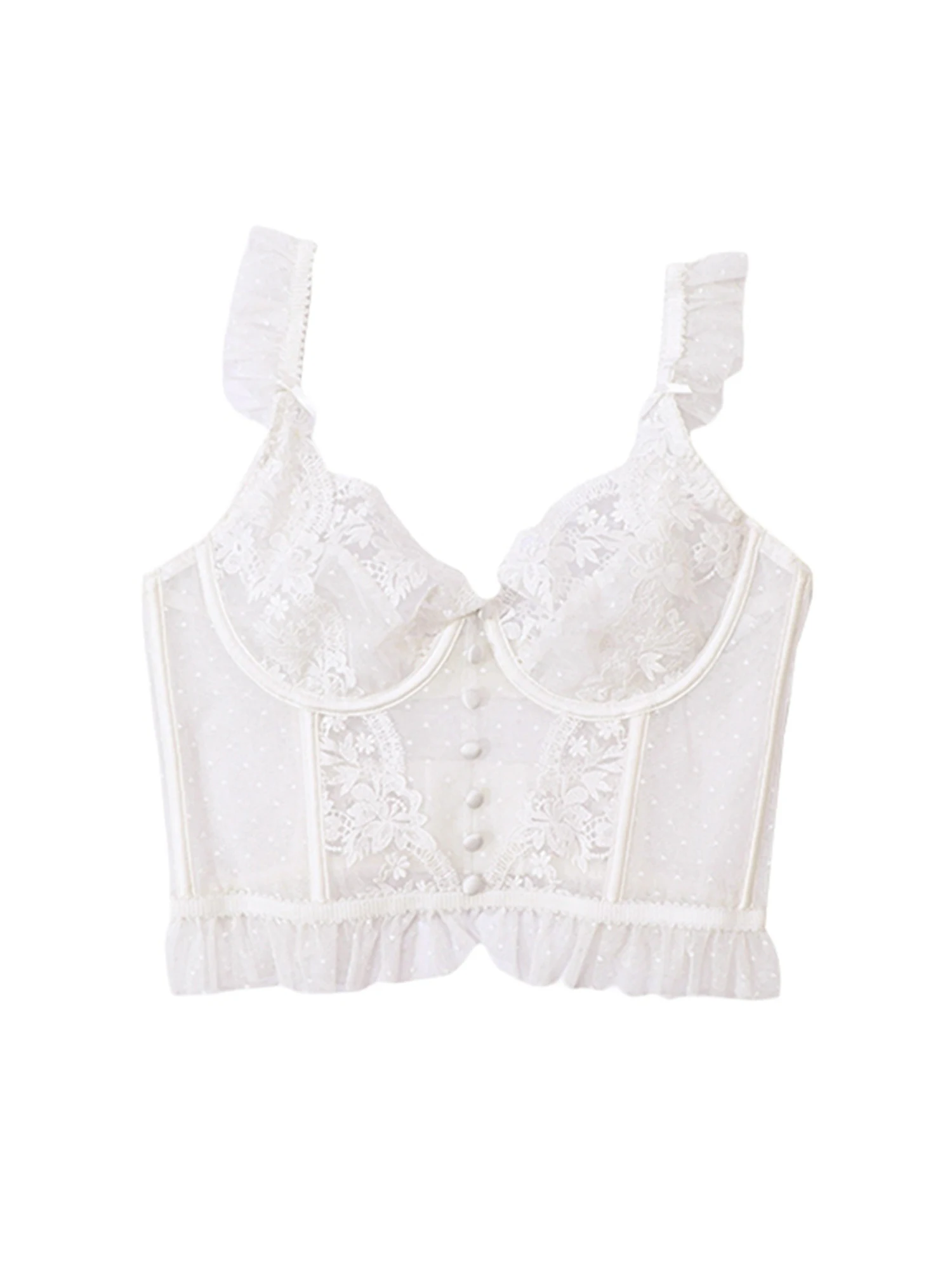 

Camiseta sin mangas transparpara mujer cuello en V mangas con volantes dobladillo de encaje color negro y blanco