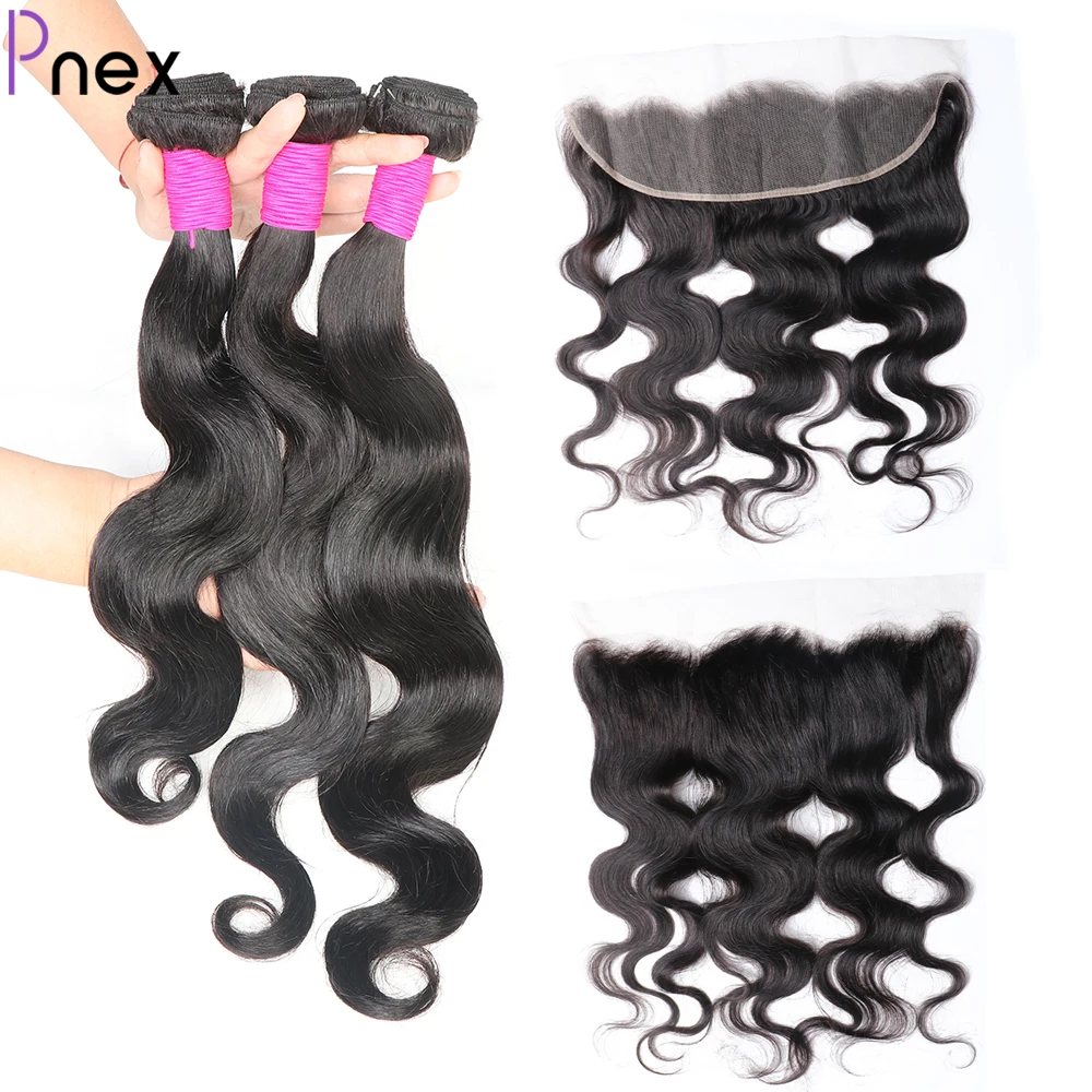 Brazilian Hair Weave Bundles With Frontal 13x4 Transparent PNEX Human Hair Body Wave Lace Frontal With Bundles Natural Color