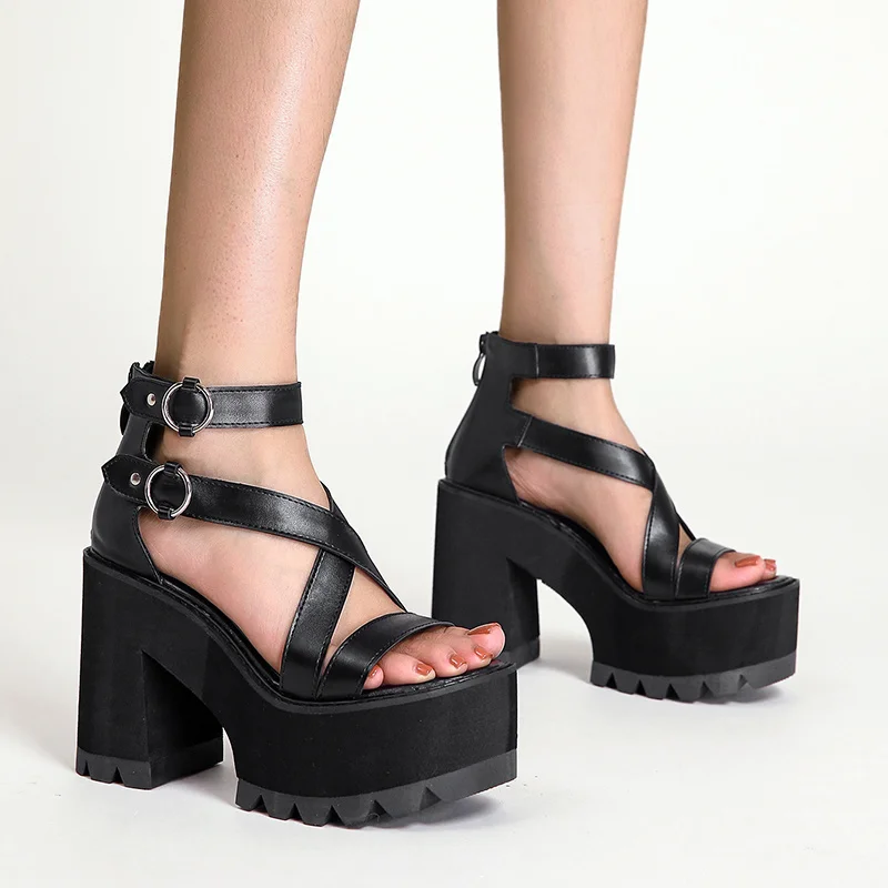 

Women Platform Heels Stripper Block Heel Rome Sandals Sexy Fetish Party Prom Black wedges gladiators summer sandals punk shoes