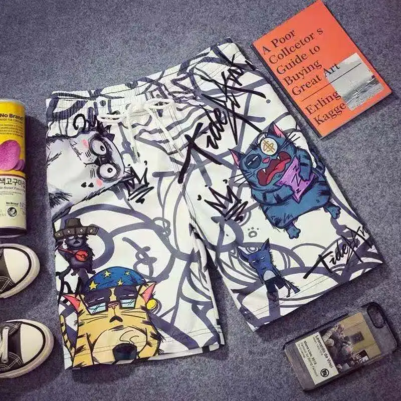 

Модные пляжные брюки, пятиконечные брюки, быстросохнущие, тонкие, с крутым принтом, персонализированные шорты, Мультяшные повседневные брю...