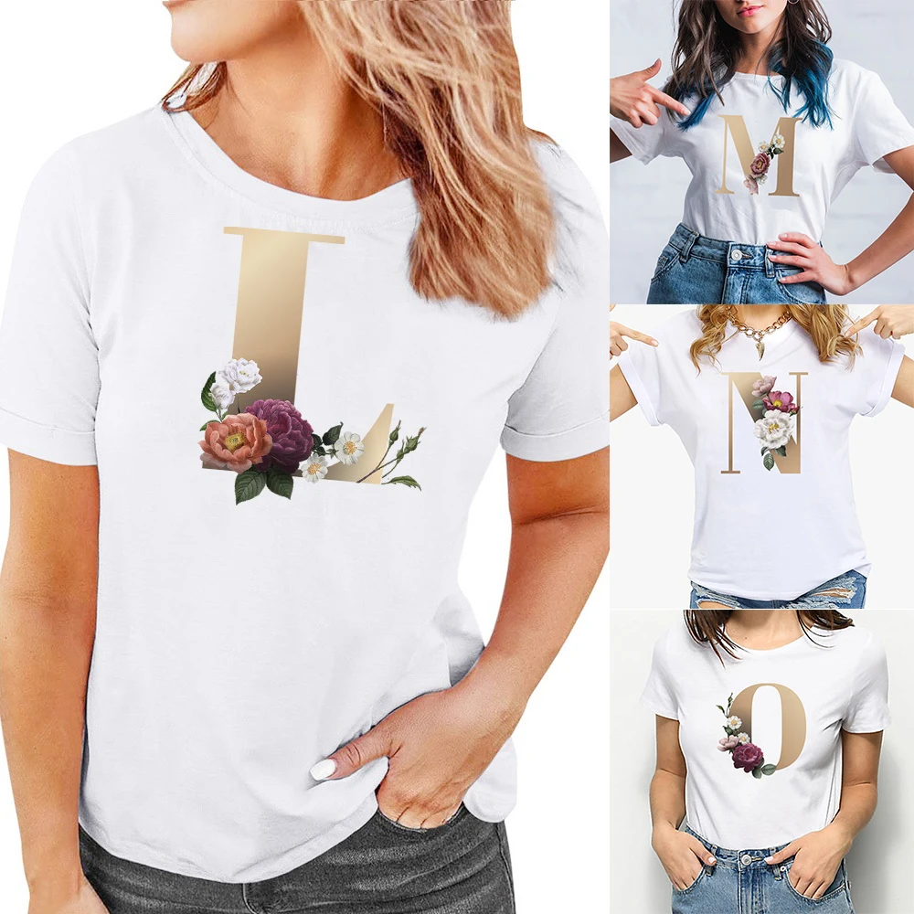 

T-shirt Summer Basis O-Neck Shirt Short Sleeve Tshirt gold Initial name series Ladies Fashion Tops Clothing Female Clothes Tees