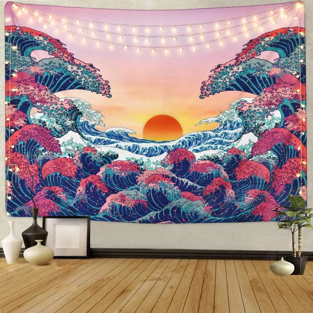

Ocean Wave Tapestry Japanese Tapestry Wall Hanging, The Great Wave Tapestry, Sea with Sun Sunset Tapestries AestheticTapestry