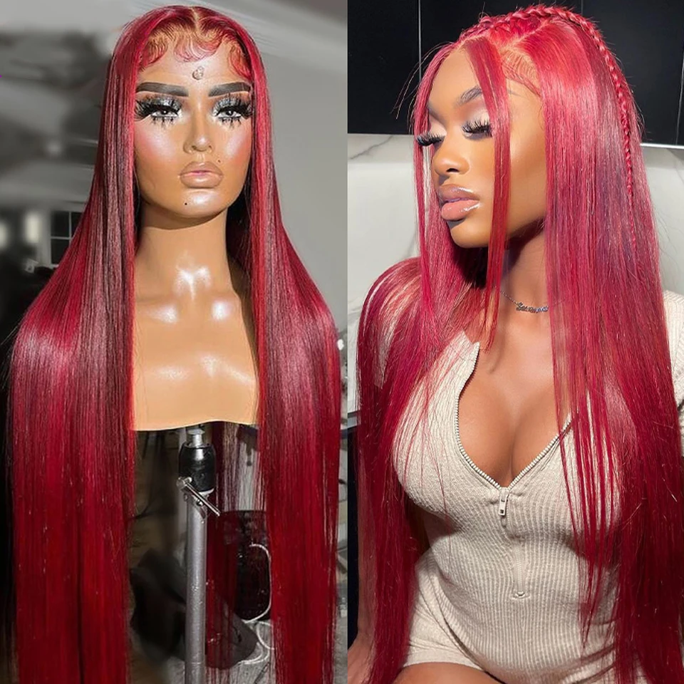 Фото Ombre Red Colored Straight 13x4x1 Lace Part Human Hair Wigs Clearance Sale For Women 180 Density Transparent Lace Do Middle Part №1