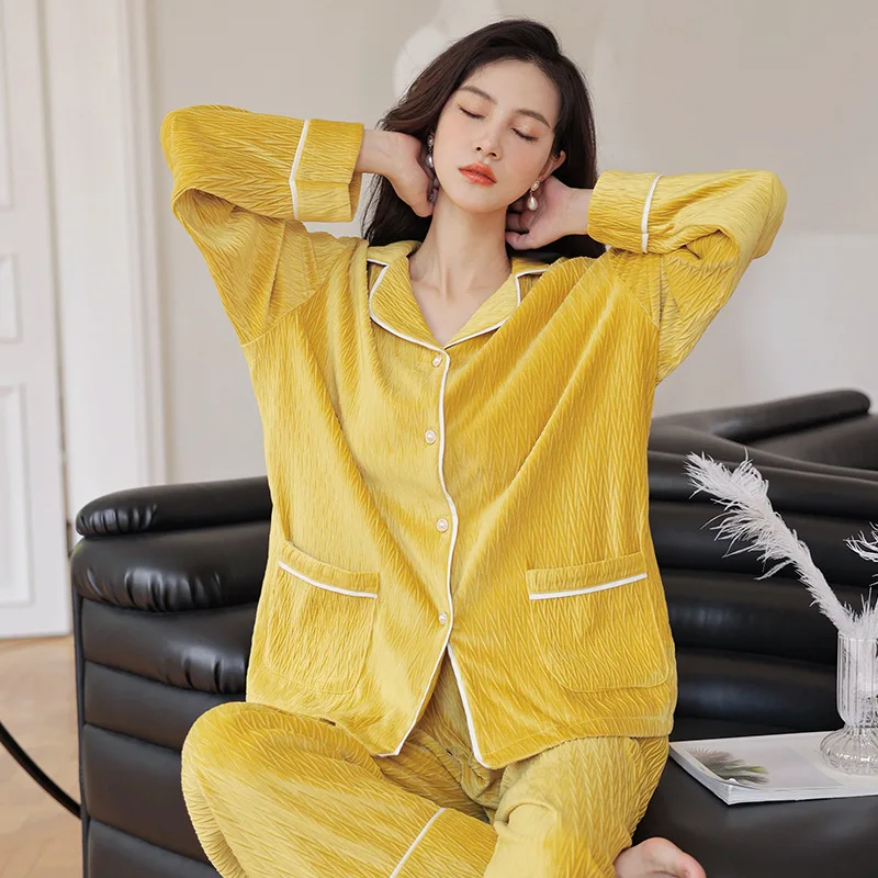 Winter Homewear Nightwear For Women Velvet Thick Pjs Pajamas Set Sleep Suit Two-Pieces Set Pyjamas Long Sleeves Sleepwear