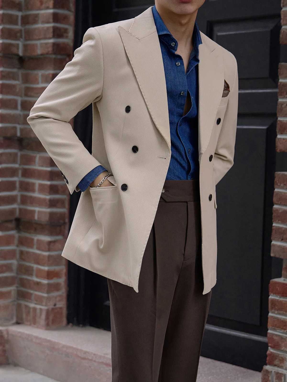 CY350 Костюм Коричневый Винтаж Деловой Двубортный Йоппи Хип Воротник Британский