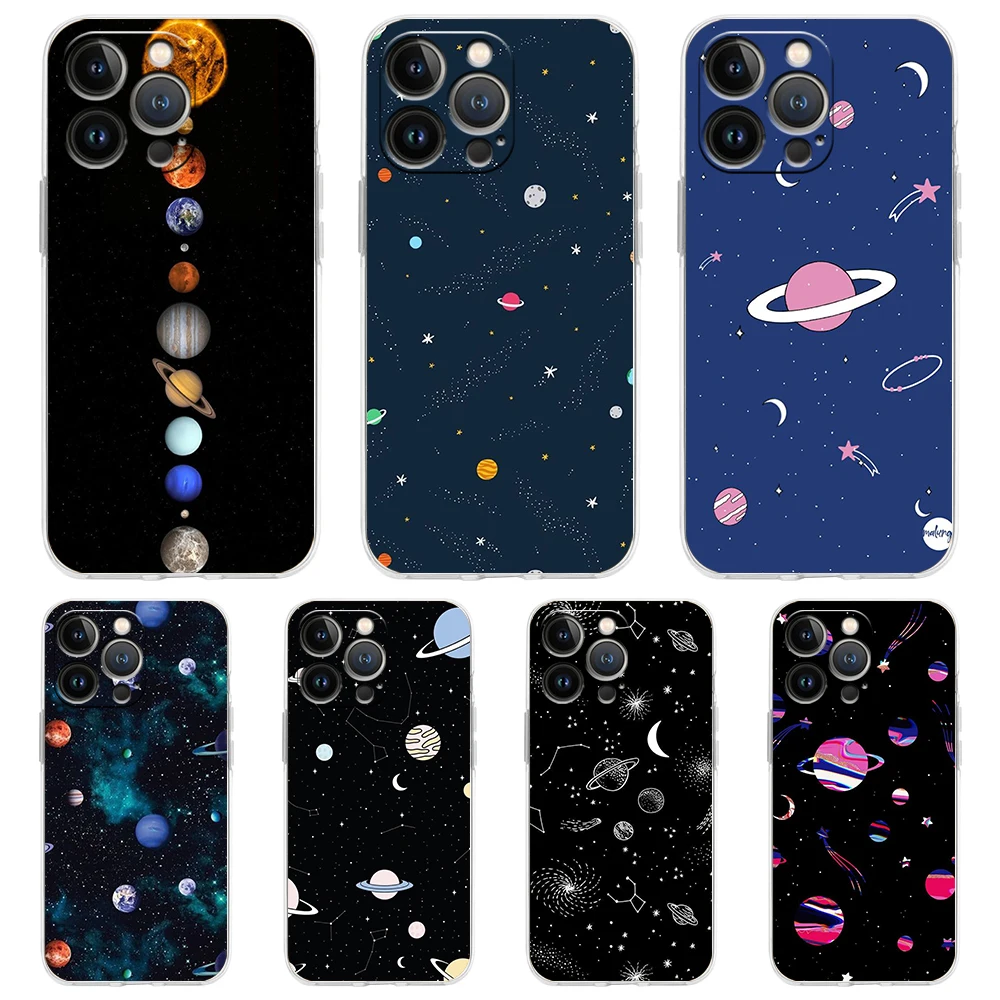 

Sky Space Planet Black White Sun Moon Stars Transparent Phone Case For iPhone 14 13 12 11 Pro Max 8 7 Plus X XS Max XR SE 2020