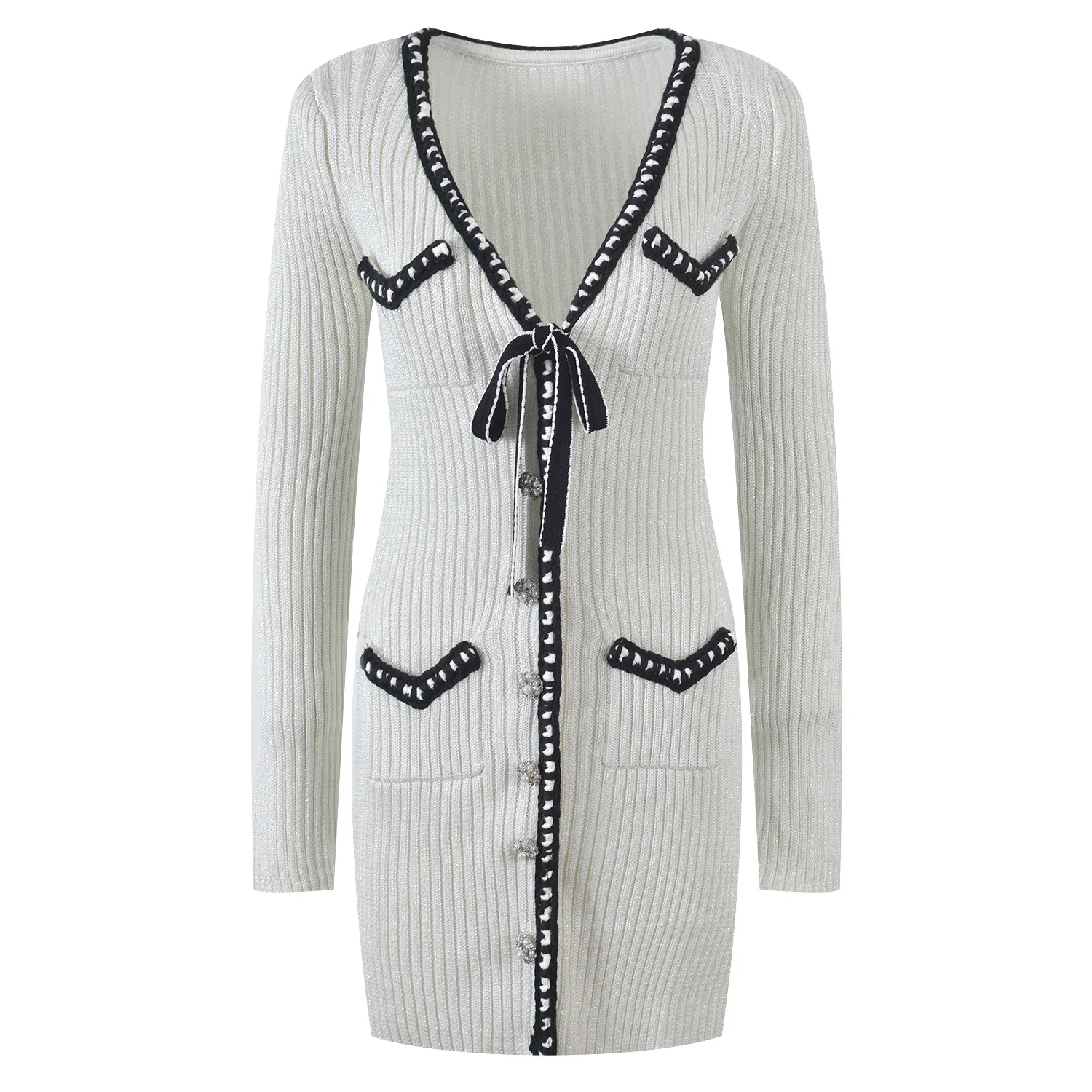 

Dresses For Women Sexy V neck Slim Striped Knitted Bodycon Dress Women Korean Winter Long Sleeve Mini Sweater Dress Fashion